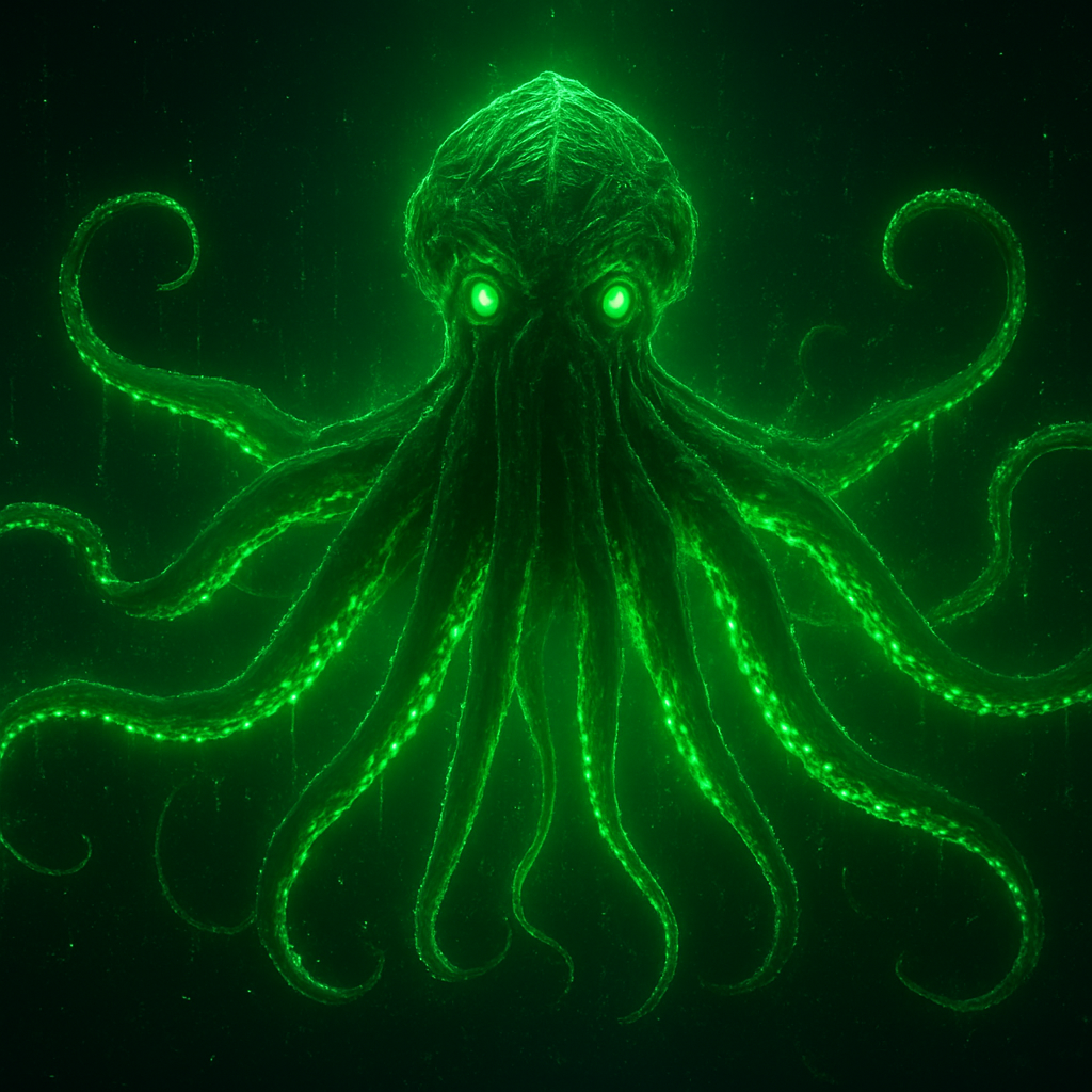 A colossal Kraken emerging from the digital abyss